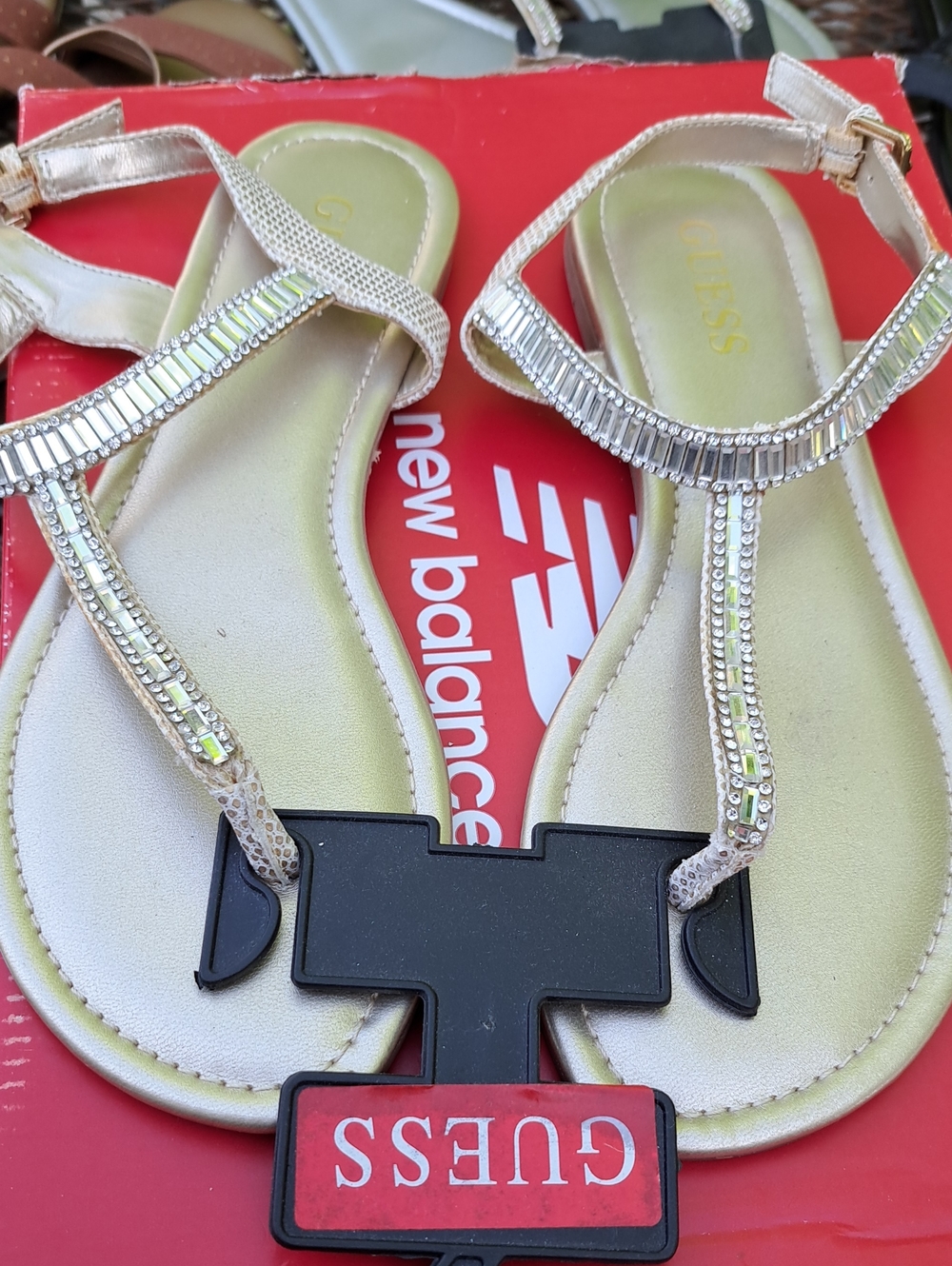 GUESS Women's Gold Crystal T-Strap Sandals